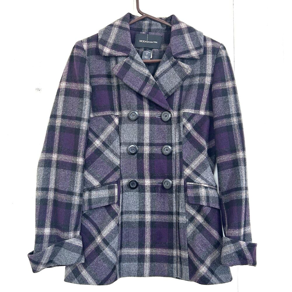 Moda International Women’s Blazer Size Small Plaid Purple Gray Wool Blazer